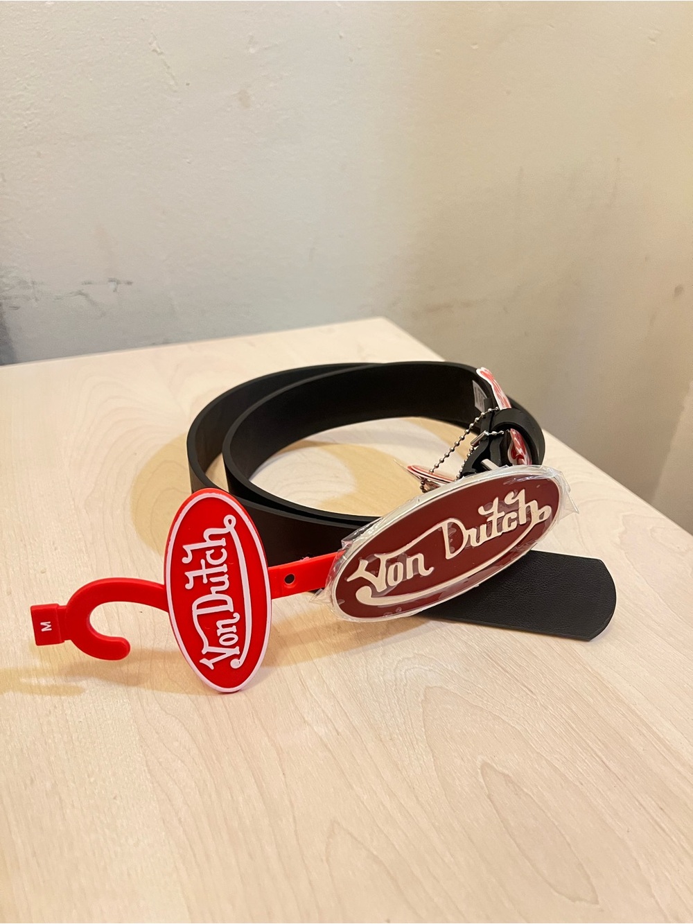 Von Dutch womensBlack Solid Adjustable Belt Red Silver Logo Buckle Size M
